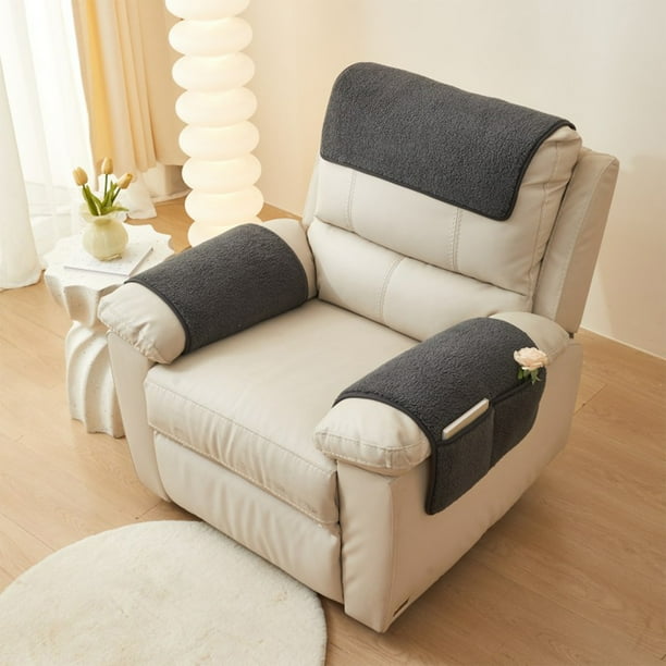 Funda de piel de cordero para reposabrazos de sofá con bolsillos | Protector de reposabrazos de sillón reclinable antideslizante y de felpa | Tejido de lana lavable | Protector de muebles para