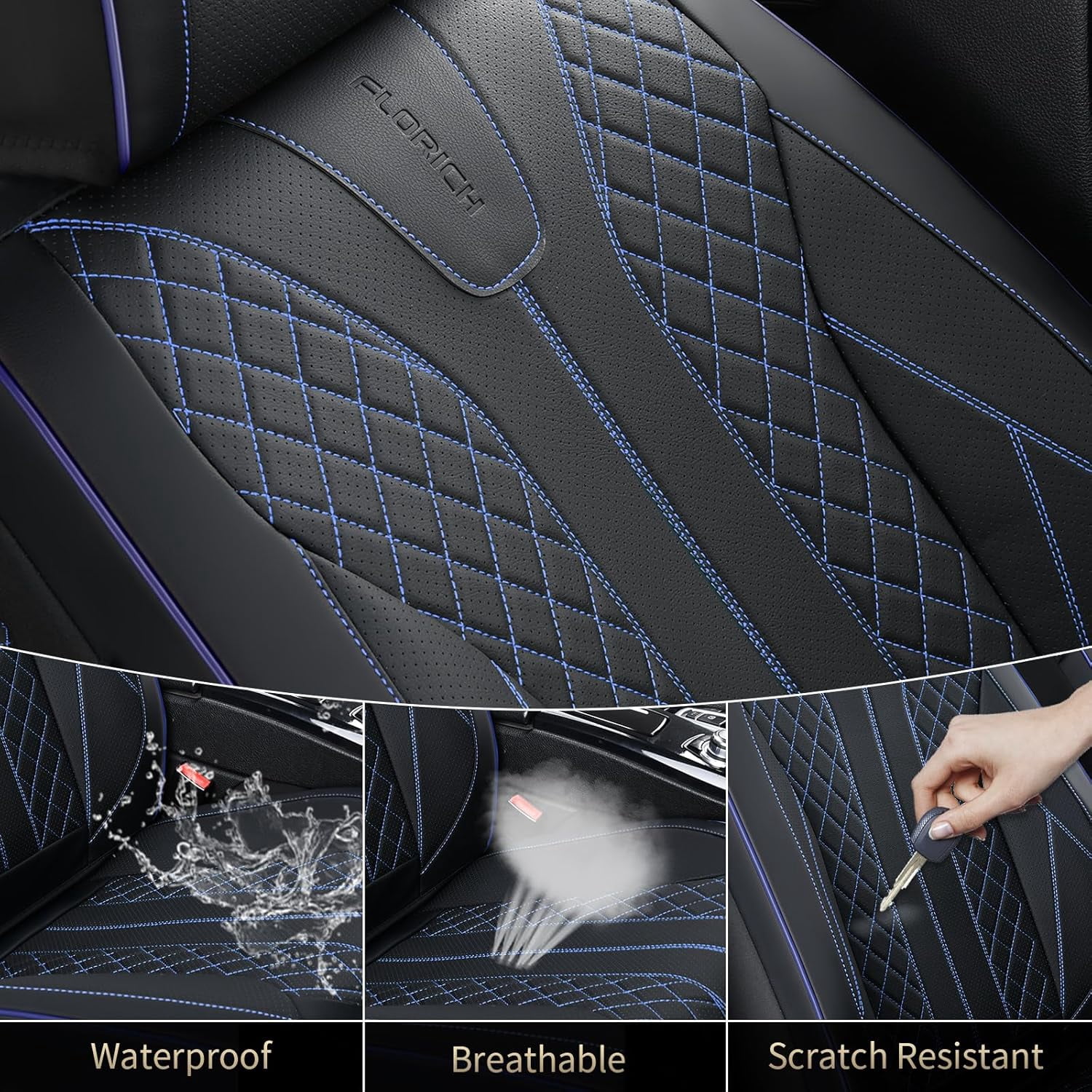 FLORICH Full Set Car Seat Covers, Premium Faux Leather Seat Protectors, Breathable Material Cushions Universal Fit for Most Cars, Black & Blue Line