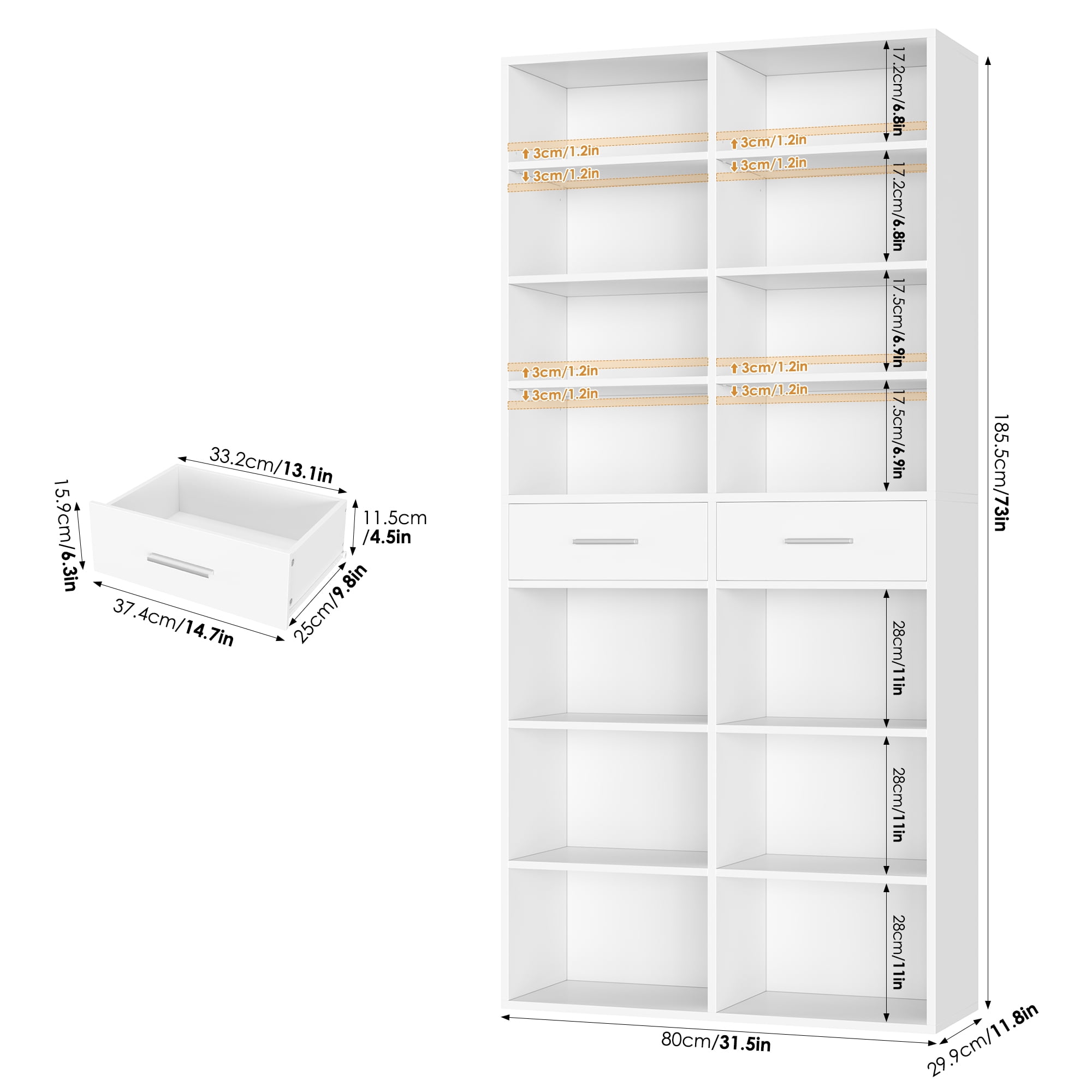 Homfa 7-Tier Bookcase with 2 Drawers, 72.8" H Double Wide Bookcase with 4 Adjustable Shelves for Study Office Living Room, White