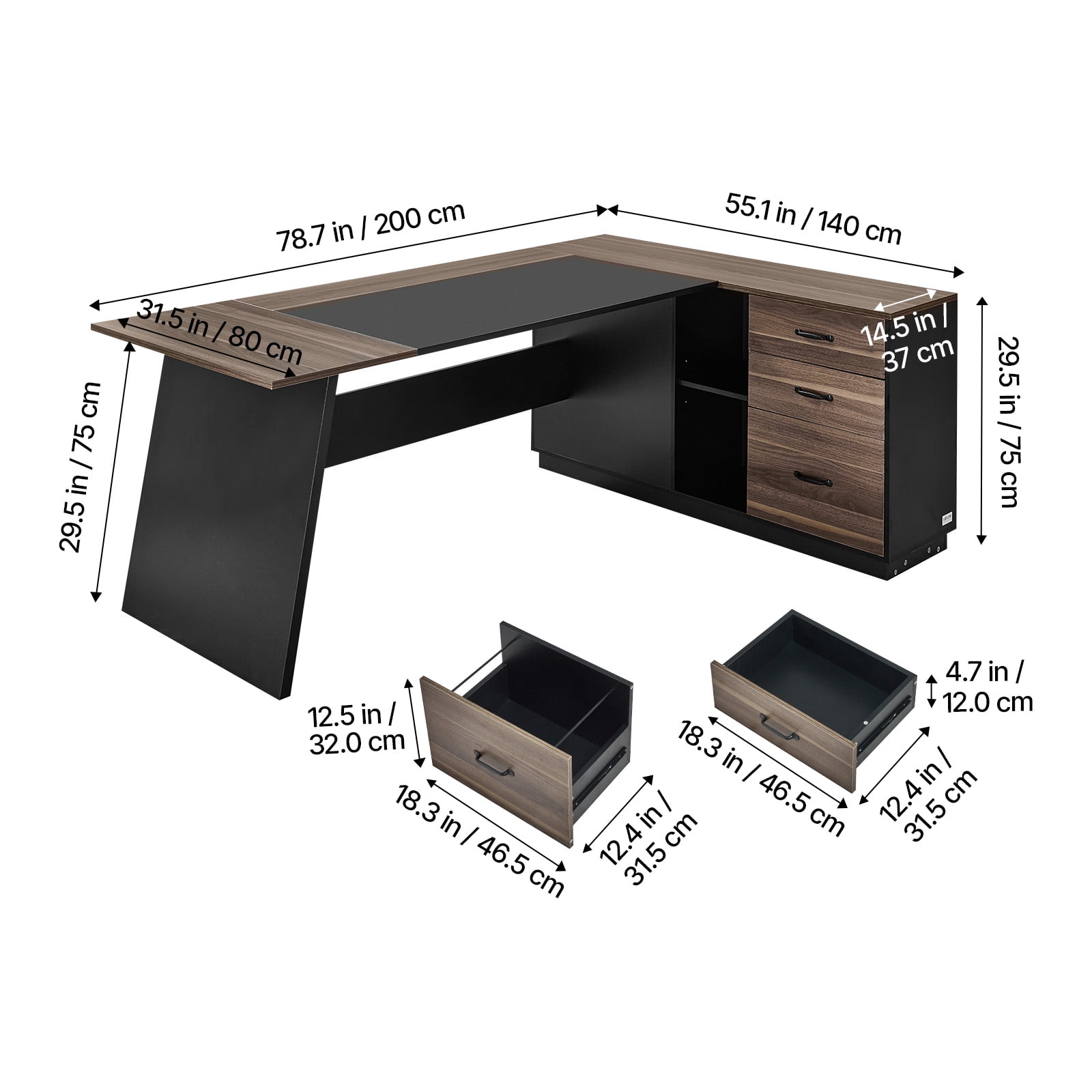 VEVOR L-Shaped Executive Desk, Large Modern Office Table with Drawers and Storage Cabinet, Heavy Duty Wooden Executive Table, 350 LBS Load Capacity, Easy Assembly, for Work Study Writing, Brown+Black