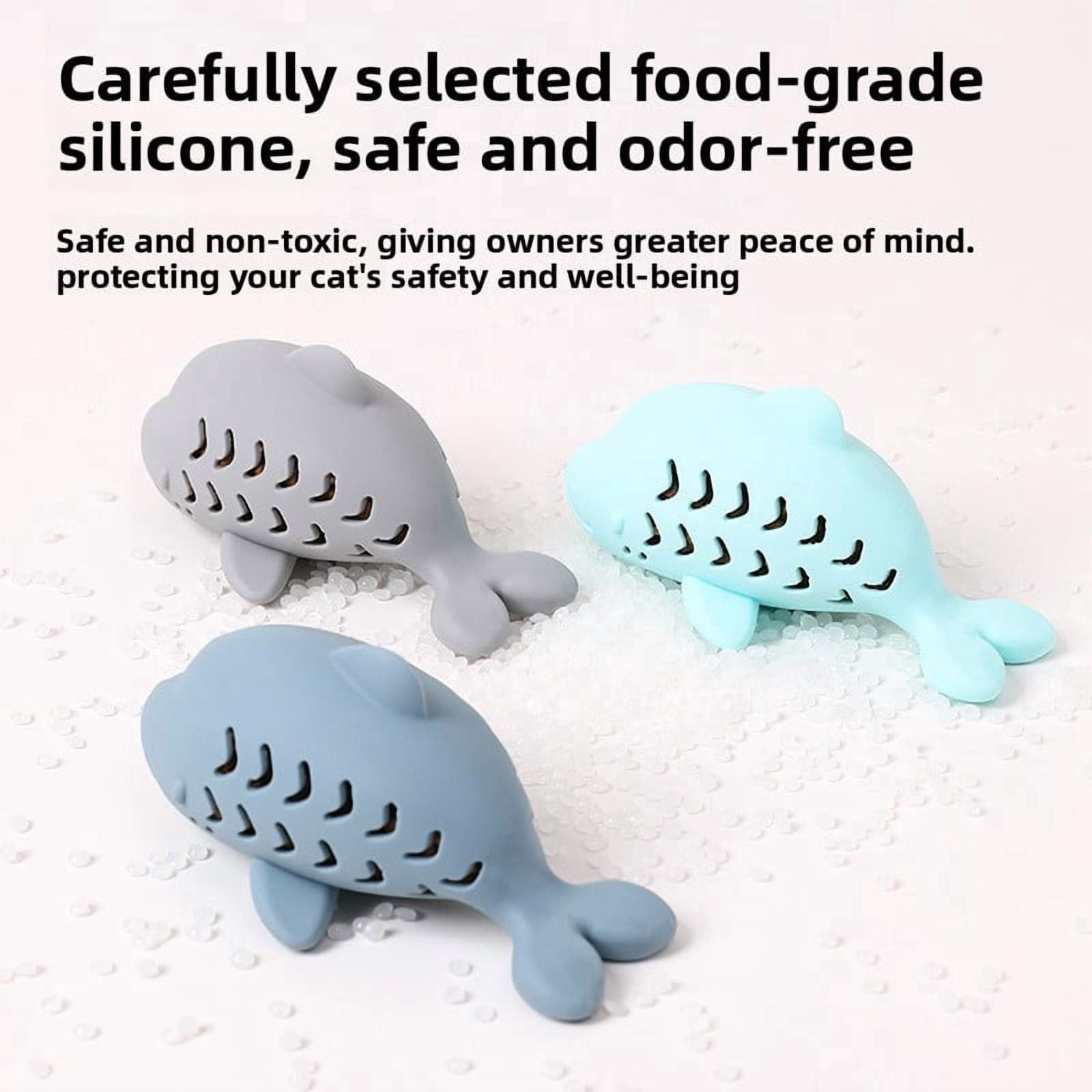 Cat Food Dispensing Durable Chew Toy Silicone Cute Fish Pet Toy Self-Entertainment Teasing Cat Teething Toy, 3 Gray