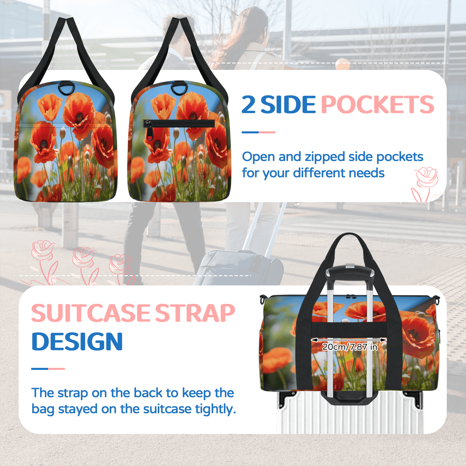 Herdesigns Poppy Flowers Gym Bag for Women, Duffle Bag for Travel Sport, Lightweight Waterproof Carry on Weekender Overnight Dance Yoga Workout Bags