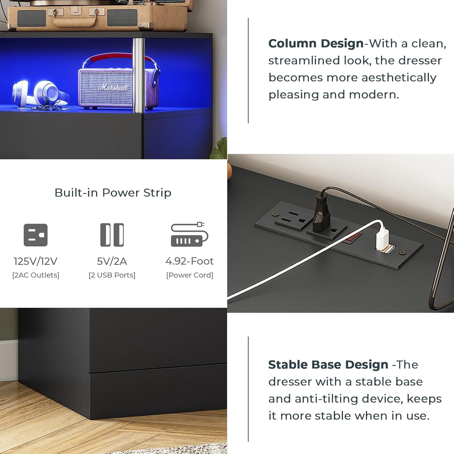 AOGLLATI Black Dresser for Bedroom Living Room 6 Drawers Chest of Drawers with LED Lights Charging Station