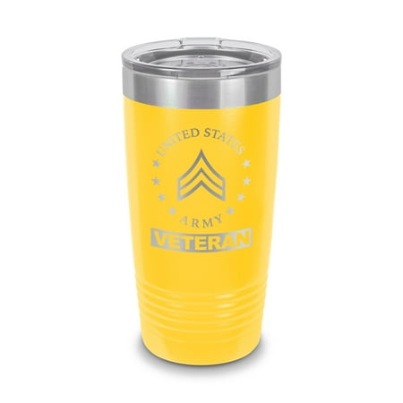 

E-4 Corporal Veteran US Army Rank Tumbler 20 oz - Laser Engraved w/ Clear Lid - Stainless Steel - Vacuum Insulated - Double Walled - Travel Mug - cpl or-4 e4 - Yellow