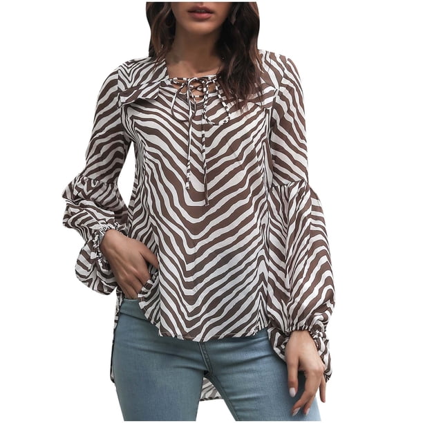 Camisas Para Mujer Camisetas de Gran Tamaño Manga Larga Cuello en V Estampado Manga Linterna Top Blusa Con Cuello en V Top Camisa Odeerbi ODB134736