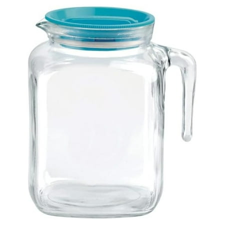 

Hermetic Seal Glass Pitcher With TEAL Lid and Spout 67.75 Ounce Great for Homemade Juice & Cold Tea or for Glass Milk Bottles