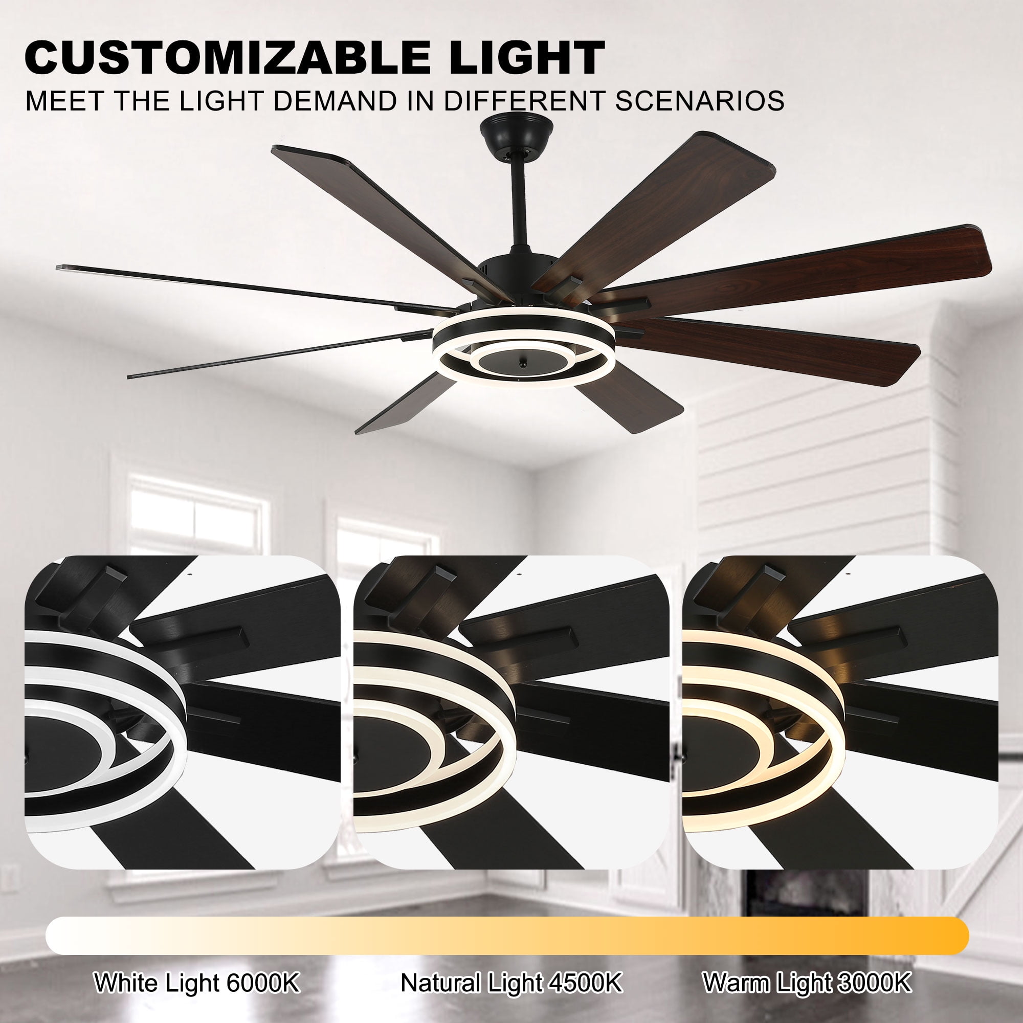 Chords Attic 72" Reversible 8-Blade Ceiling Fan with LED Lights, Remote 3-Color, 6-Speed and Timer