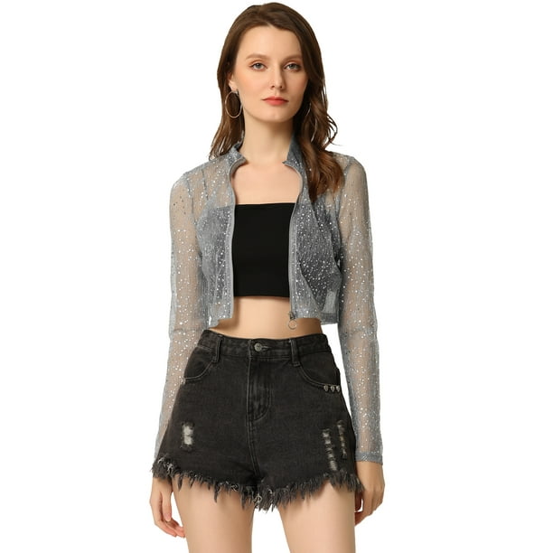 Chaqueta corta Allegra K con cremallera cuello levantado lunares semitransparentes plata L