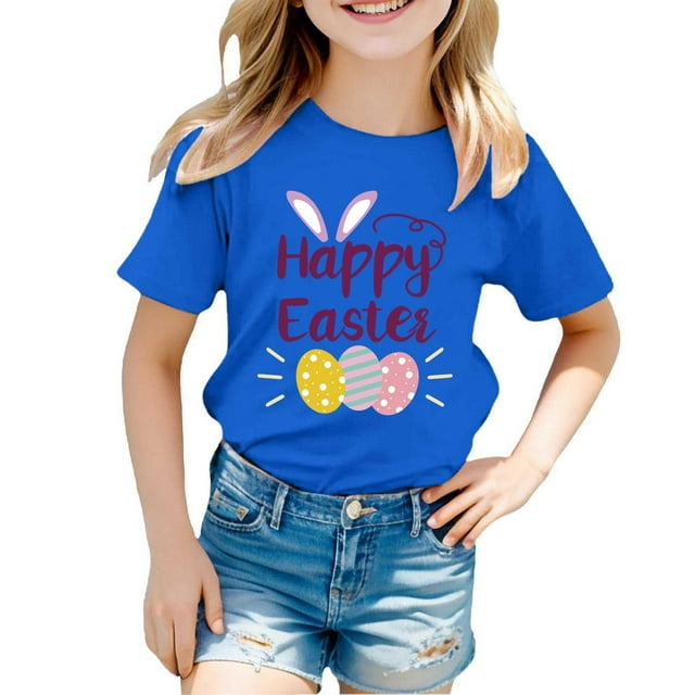 MIASHUI T-Shirt Graphique de Pâques à Manches Courtes pour Garçons, Confortable et Décontracté, Imprimé pour Filles, Bleu, 6-7 Ans