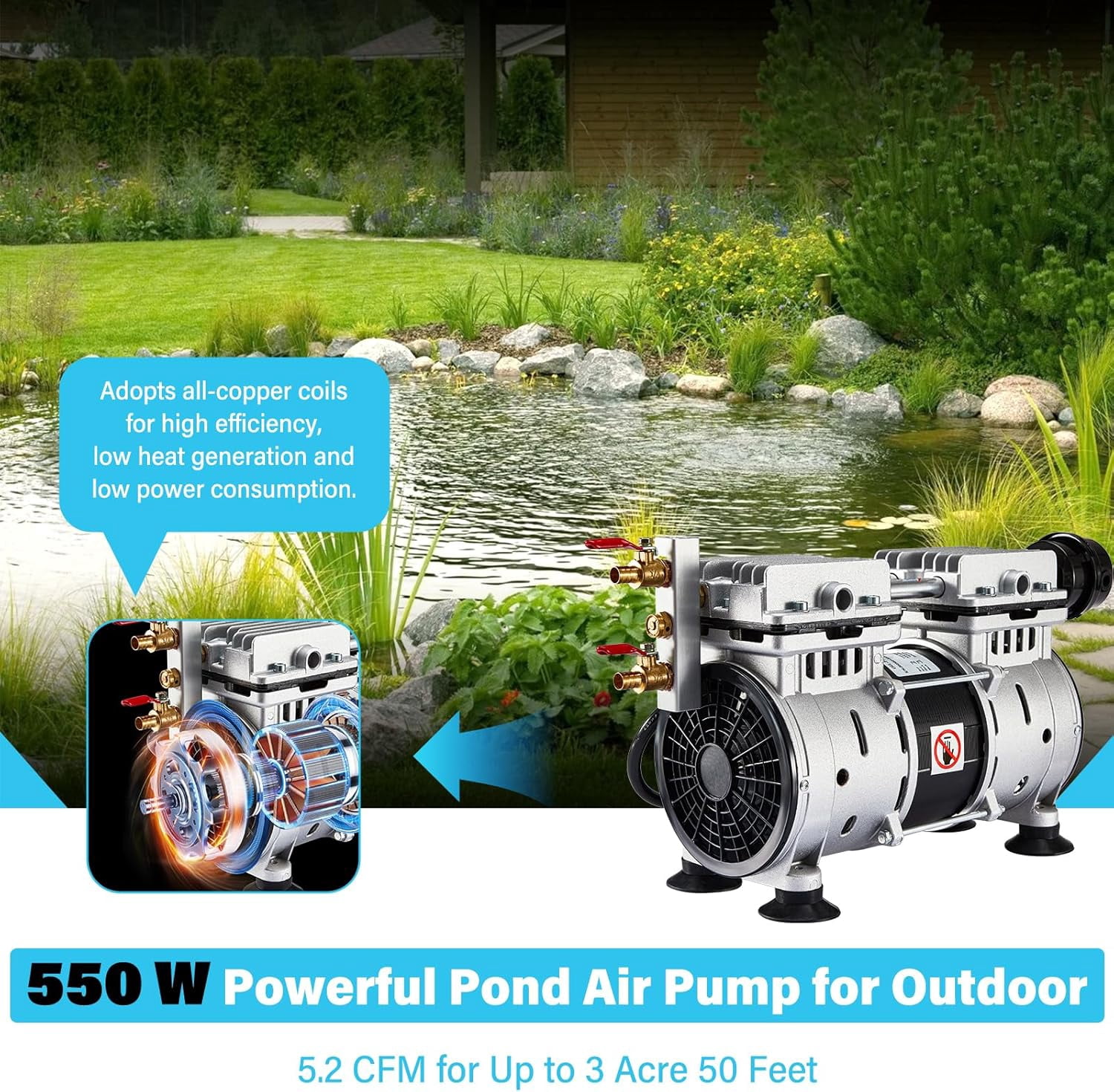 FOUR E's Scientific Pond Aerator, 550 W Power,  5.2 CFM Pond Air Pump for Outdoor, with 2 Diffusers, 98 ft Weighted Hose, for Backyard Koi Fish Tank Lake