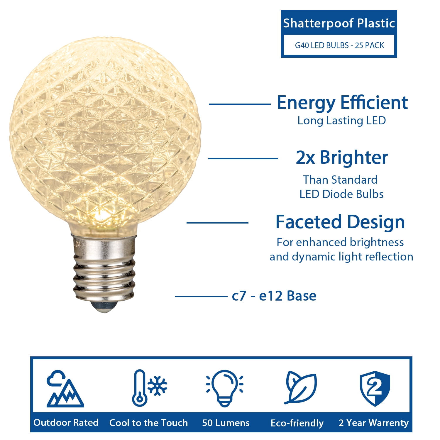Novelty Lights 25 Pack G40 Warm White Diamond Faceted LED Globe Bulbs E12 Candelabra Base
