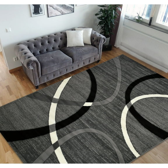 HR Geometric Stripes Area Rug 8x10 [7'.5" x 10'.5"] Oval Pattern Modern Black & Grey Carpet Comfy shed Free Stain Resistant