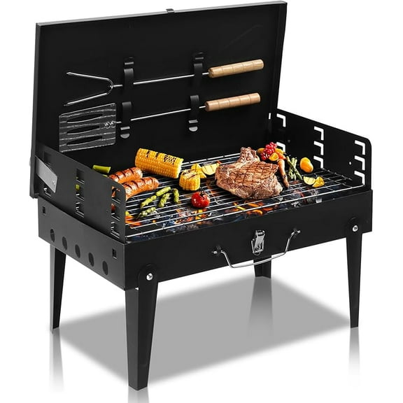 Portable Charcoal Grill, Outdoor Foldable BBQ Grill with Barbecue Accessories & Lid for Cooking Camping Picnic Hiking Beach Party Patio Smokers, Height Adjustable for 3 to 5 People