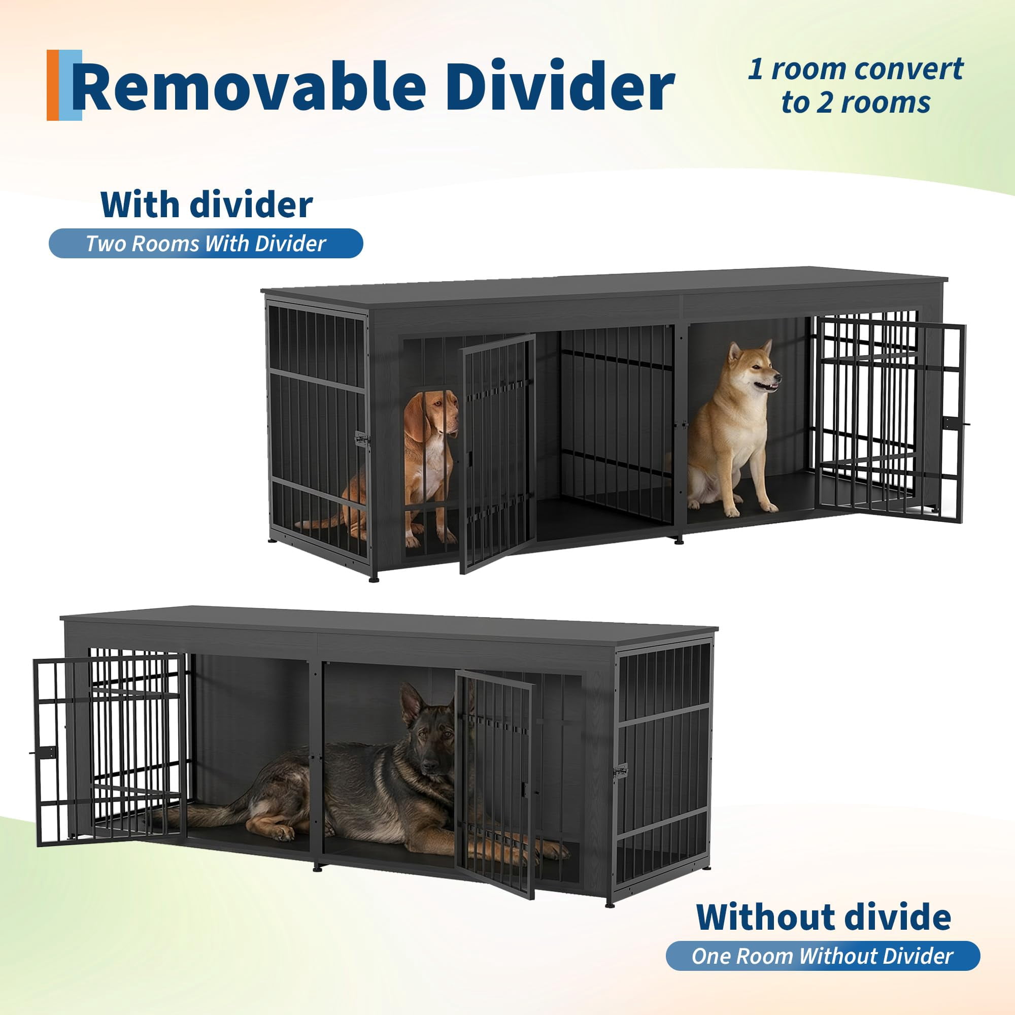 Heavy Duty Extra Large Wooden Dog House Furniture – 4 Doors, Divider & Storage – End Table TV Stand, Indoor Kennel for Large/Medium Breeds – Gray, 2m