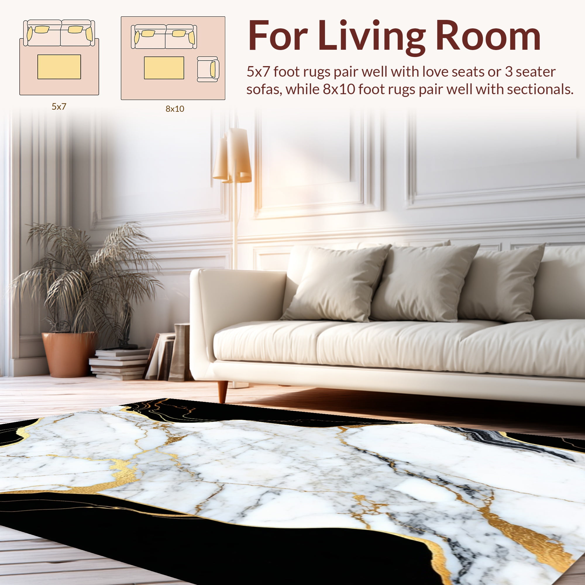 ODIKA 5'x7' Machine Washable Non-Slip Area Rug, Lezlee Abstract Marble Veins Modern Gold Border High Traffic Rug, White, 129308