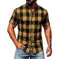 thumbnail image 3 of Xcmzpl Men's Banded Collar Plaid Shirt Short Sleeve Casual Button Down Shirts Vintage Color Block Stand Collar Tshirts Yellow L, 3 of 10