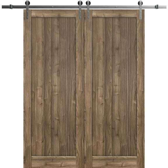 Sturdy Double Barn Door 36 x 96 inches | Quadro 4111 Walnut | Stainless Steel 13FT Rail Hangers Heavy Set | Solid Panel Interior Doors