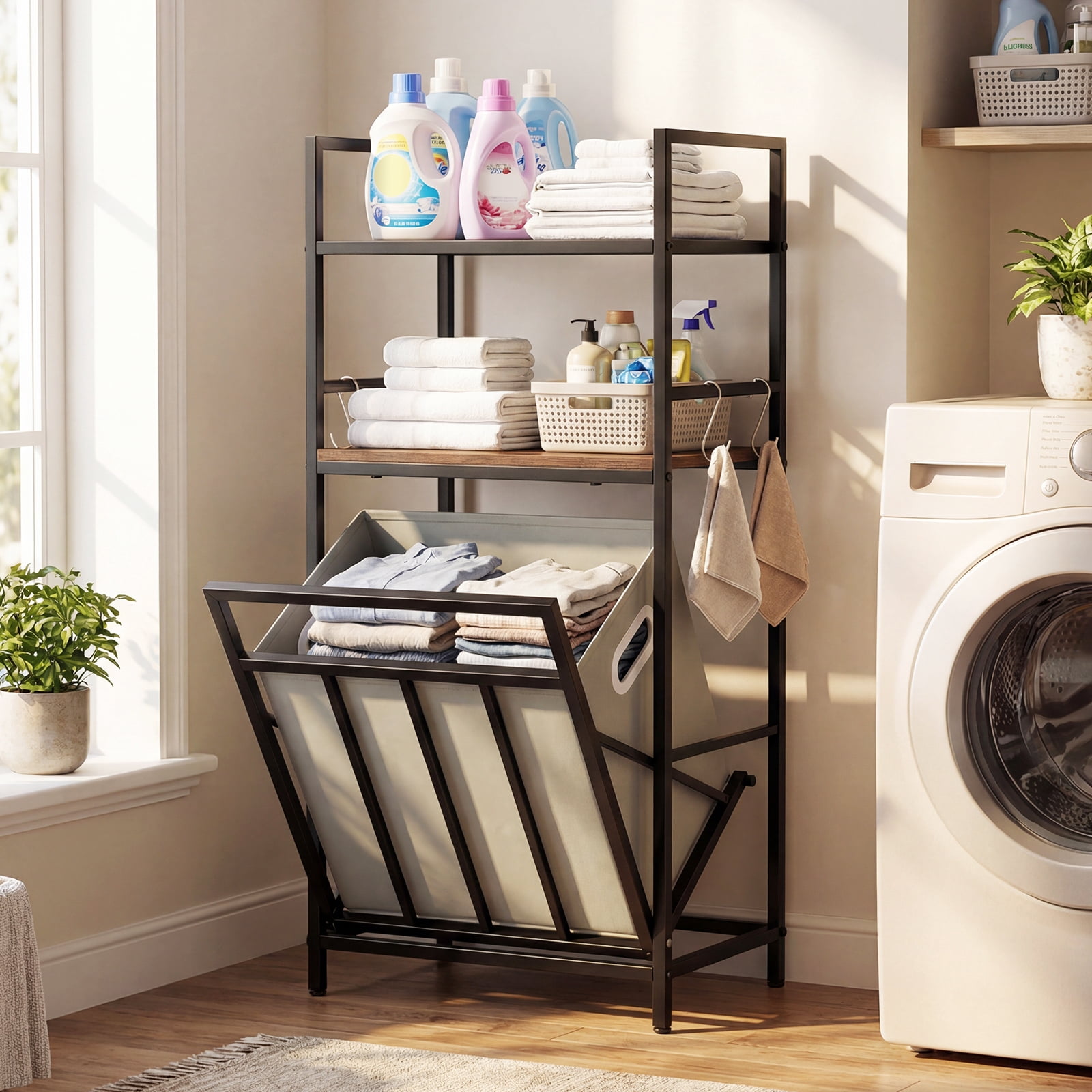 Gymax 2-Tier Laundry Hamper w/Tilt-out BasketLaundry Sorter w/4 Hooks & Removable Bag