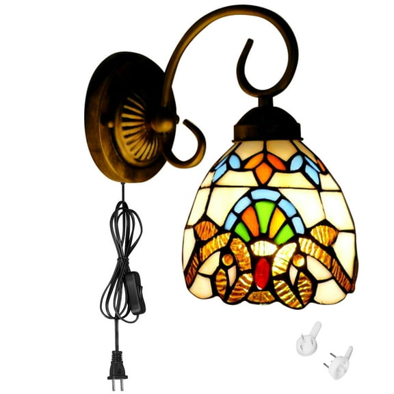 Kiven Plug in Wall Lamp, Tiffany Style Plug in Wall Sconce with Glass Lampshade, 5.9ft Plug-in Cord, E26 Socket