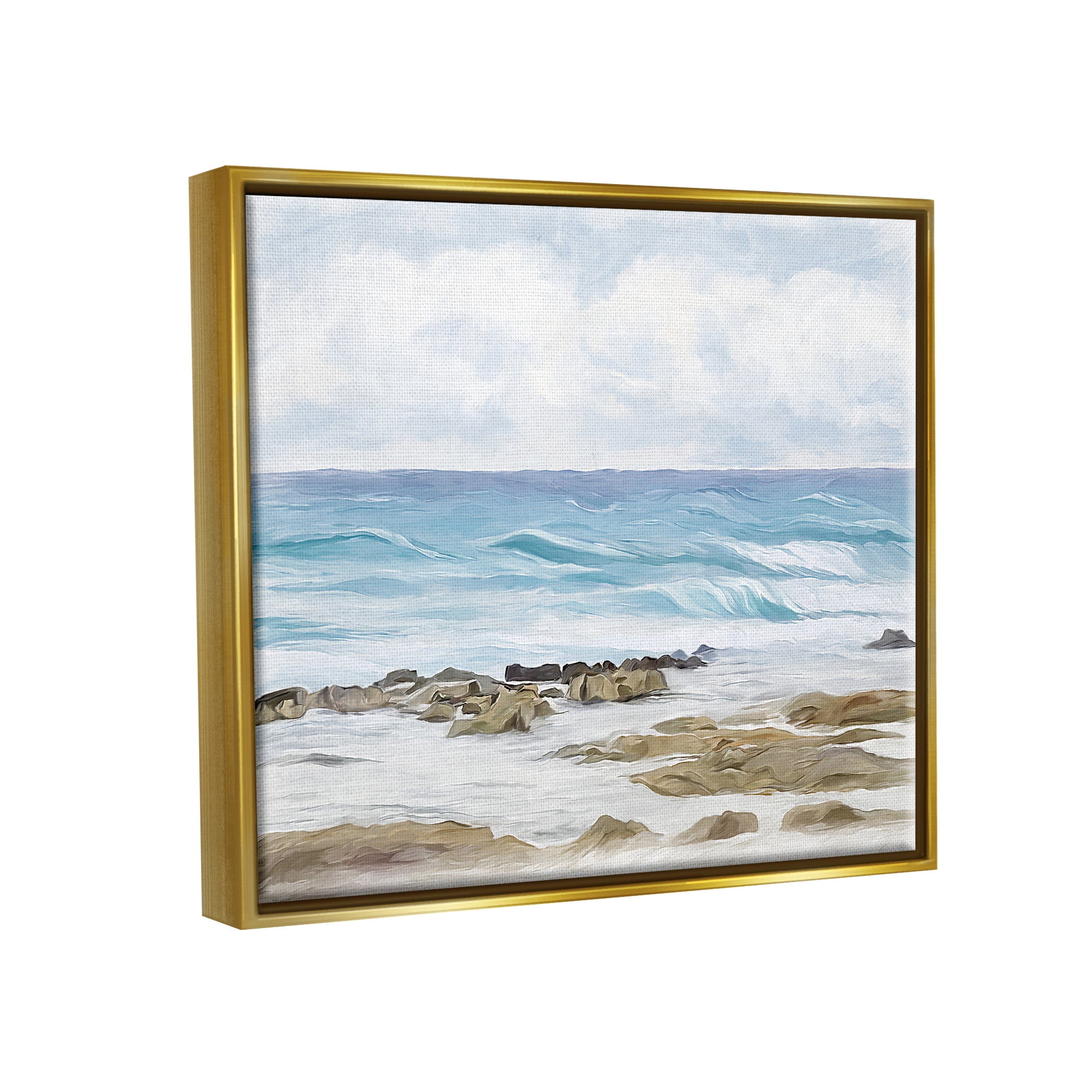 Stupell Industries Rocky Shore Beach Waves Landscape Painting Gold Floater Framed Canvas Art Print Wall Art, 21 x 17