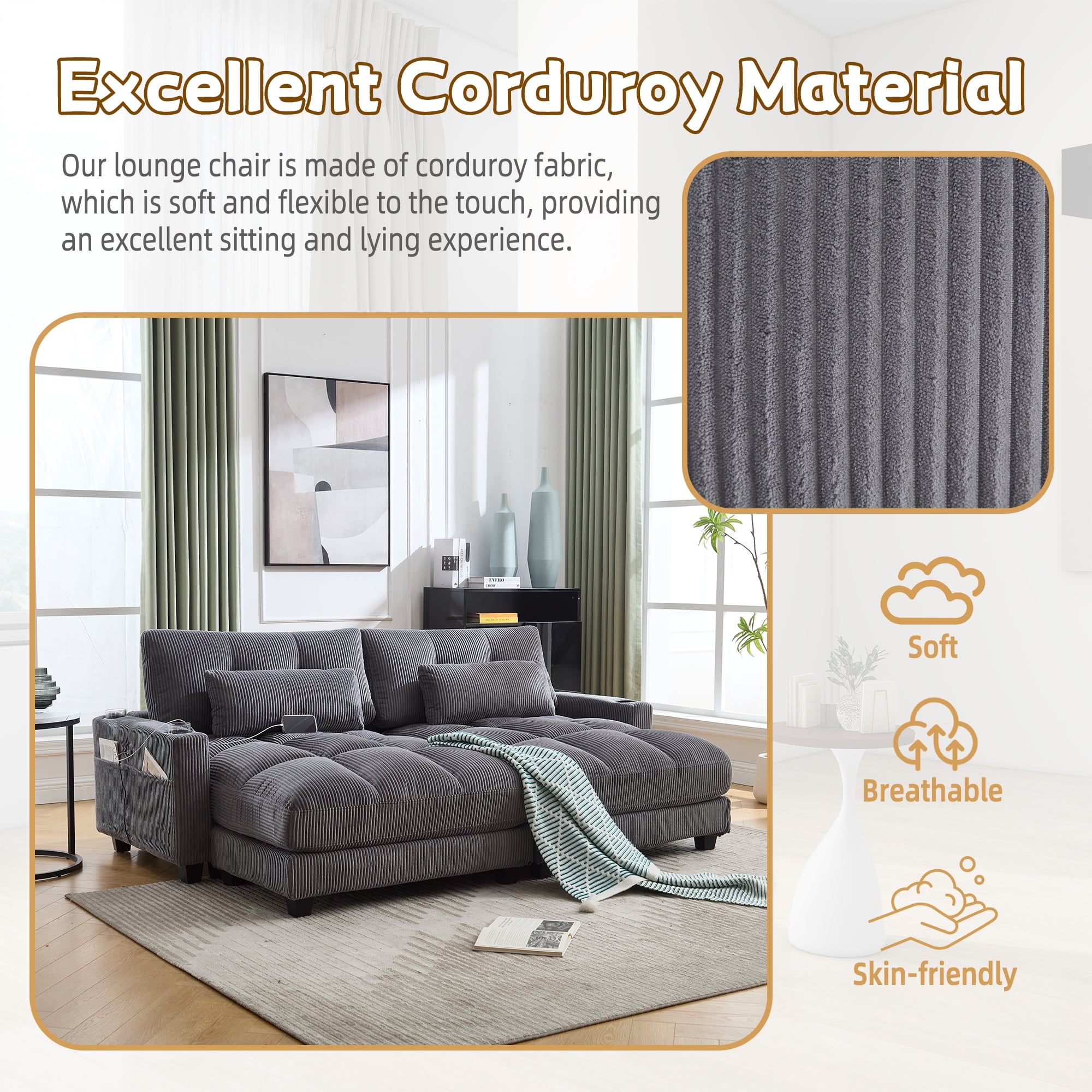 MOONMISS Corduroy Upholstered Soft Deep Seat Sofa with USB,Type-C&2 Cup Holders-Gray