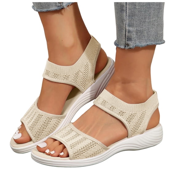 Walking Sandals Women Soft Cushion Low Wedge Mesh Flat Shoes Summer Comfy Indoor Outdoor Slip on Casual Shoes Beige Size 6.5