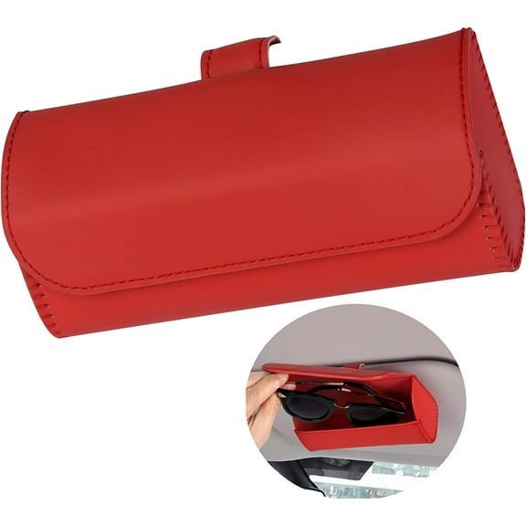 Glasses Holder for Car Sun Visor, Vehicle Sunglasses Holders Case with Hidden Magnetic Closure, Leather Auto Eyeglasses Organizer Box Eyeglass Hanger Clip Car Accessories for Men Women (Red)
