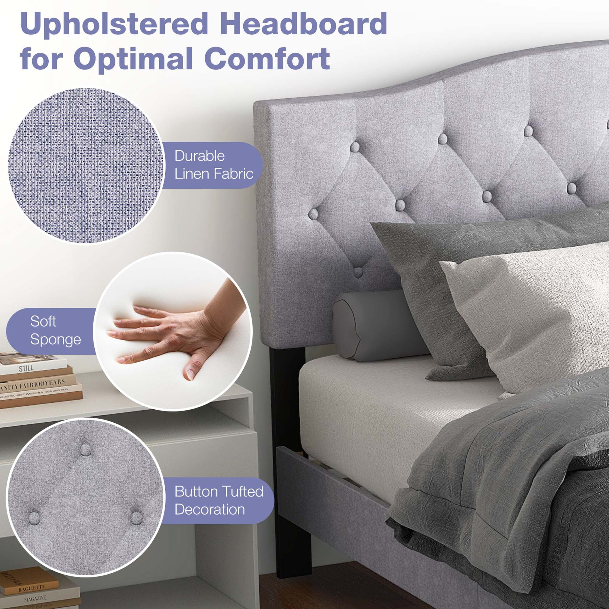 Costway Queen Size Upholstered Platform Bed Linen Bed Frame with Button Tufted Headboard