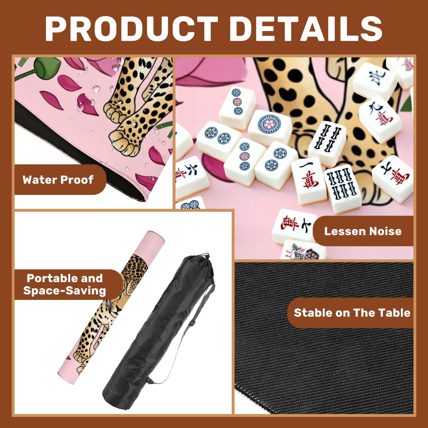 Mahjong Mat 31.5" x 31.5" Majestic Leopard Blue Eyes Among Pink Purple Lotus Flowers Non-Slip Noise Reduction American Mahjong Tiles Table Cover for Dominoes Poker Card Board Games Gift