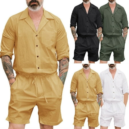 Hot Sell Men Jumpsuit Short Romper Button Zipper Short Sleeve Overalls Pants Trousers