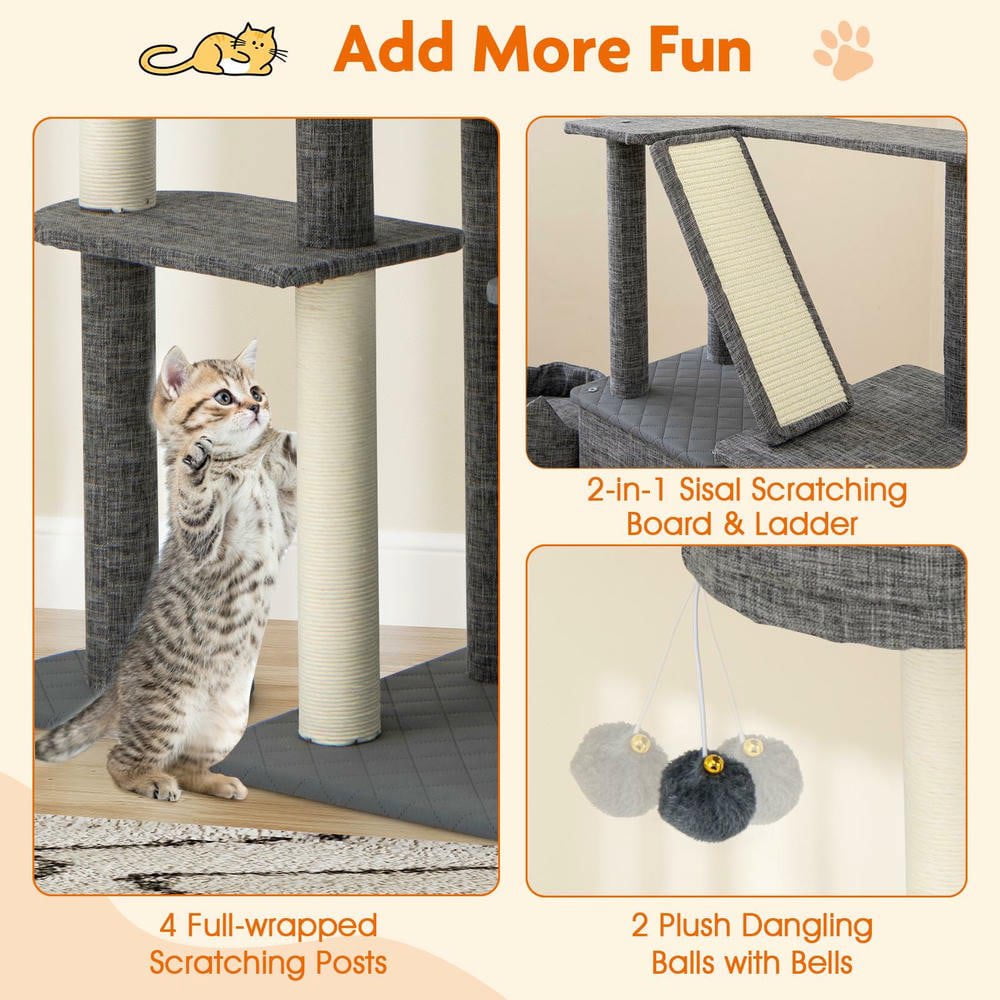 Resenkose 71-Inch Tall Multi-Level Large Cat Tree Tower with Sturdy Scratching Posts for Active Feline Play, Grey​