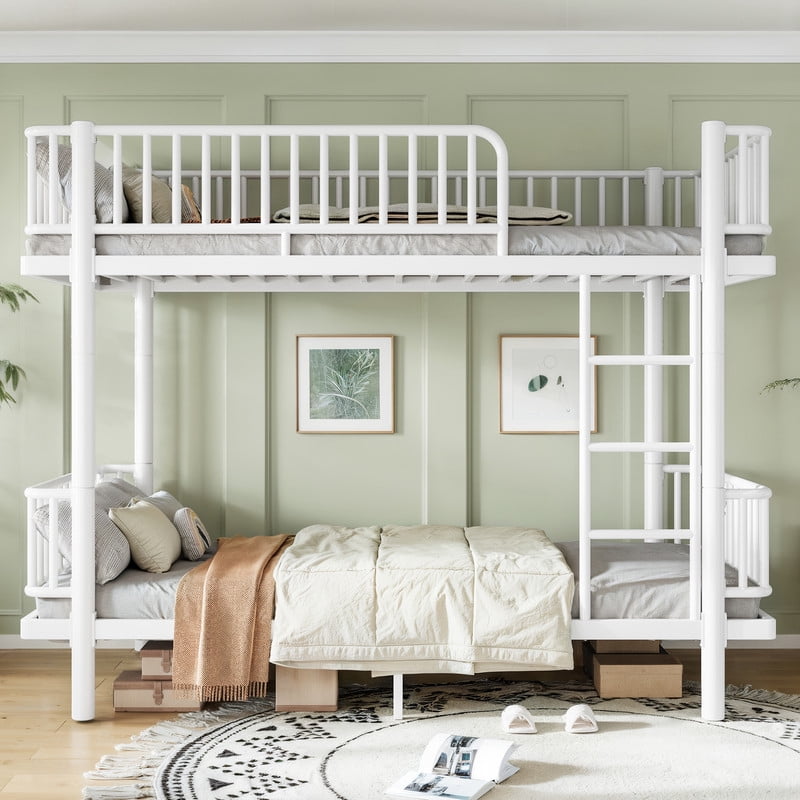 Twin XL-over-Twin XL Teens Bunk Bed Can Transformed into 2 Platform Beds, Metal Kids Bed Frame with Round-Pipe, Ladder & Guardrails