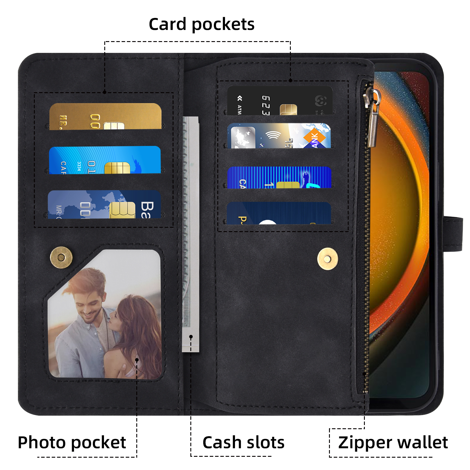 Asuwish Phone Case for Samsung Galaxy Xcover 7 Wallet Cover With Tempered Glass Screen Protector Crossbody Wrist Strap Flip Pattern Zipper Credit Card Holder Stand Slot Cell Xcover7 Women Men Black