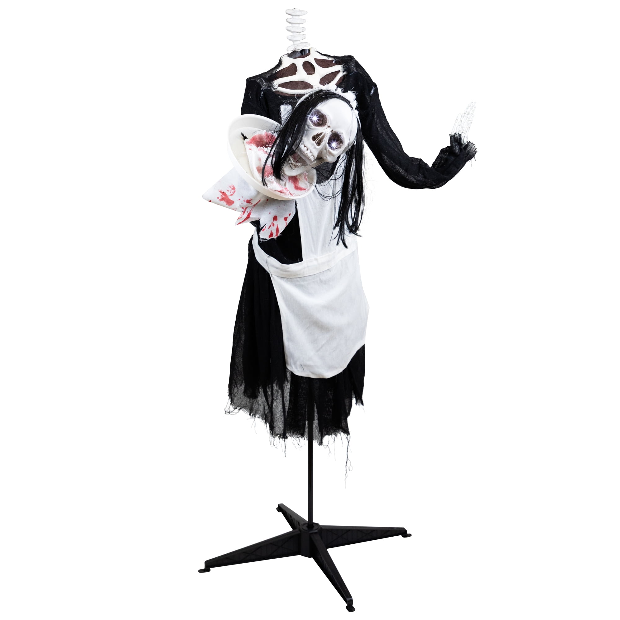 57" Animated LED Lighted Head-in-Hand Skeleton Maid Halloween Decoration