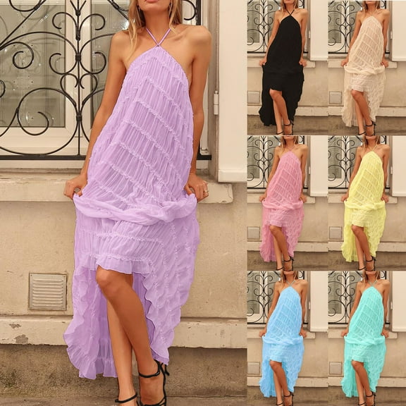 SMihono Women Backless Formal Party Cocktail Wedding Dresses Long Dress Halter Neck Maxi Dress Flowy Beach Sundress Going Out Streetwear Black M