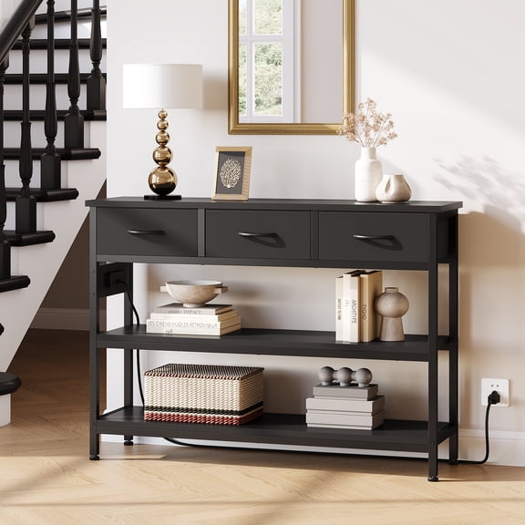GIKPAL Console Table with Power Outlet,43.3" L Narrow Sofa Table with Fabric Drawers, Entryway Table Behind Couch Table for Entryway, Hallway, Foyer, Living Room, Bedroom, Black