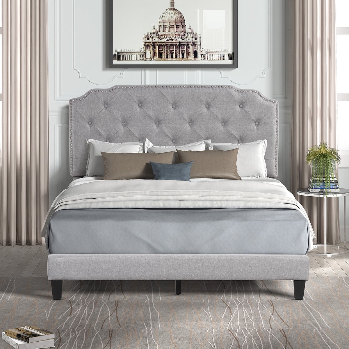 Lowestbest Full Upholstered Bed, Platform Bed with Upholstered Button Headboard, Bedroom Bed Frame For Adult And Children Used, White Lowestbest Full Upholstered Bed, Platform Bed with Upholstered Button Headboard, Bedroom Bed Frame For Adult And Children Used, White