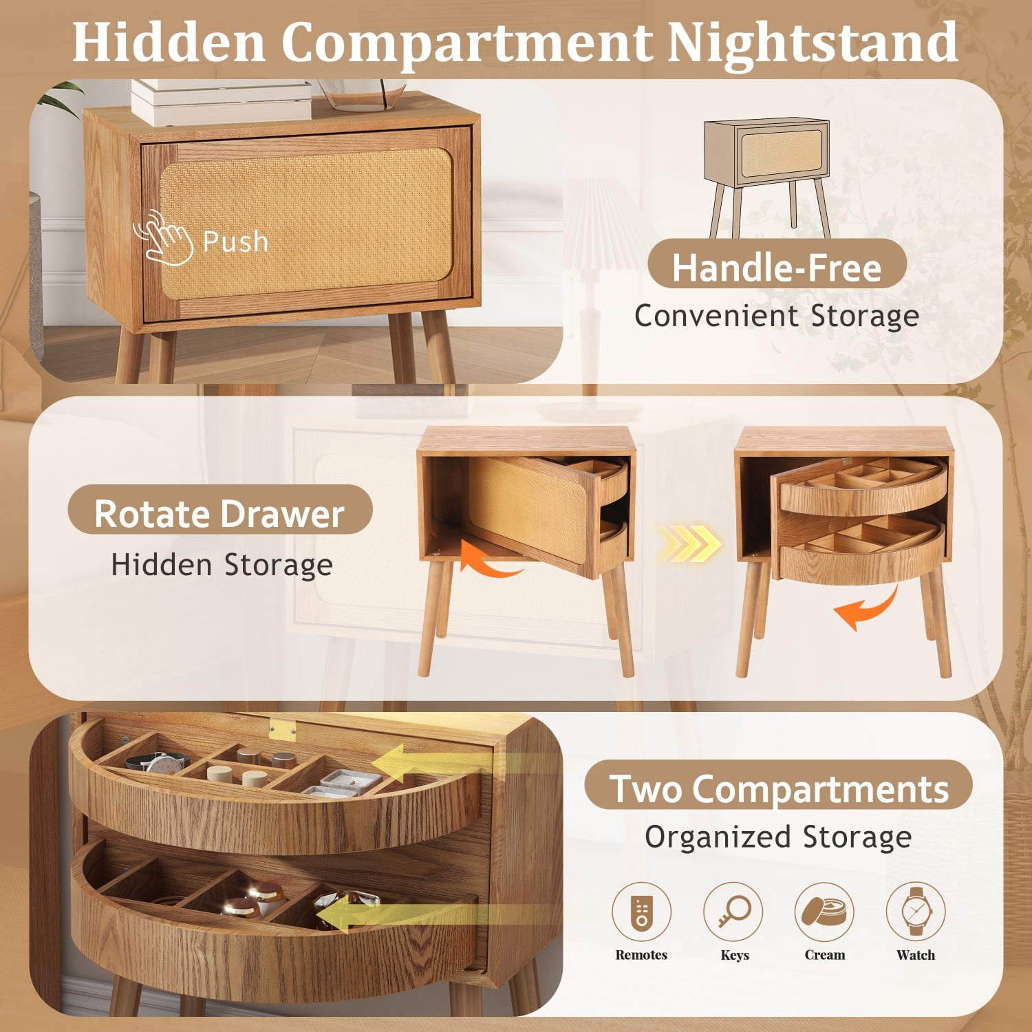 Rotating Hidden Compartment Nightstand, Mid Century Modern Rattan Bedside Table with Concealed Storage, Wood Legs End Table for Bedroom Living Room Dorm, Natural