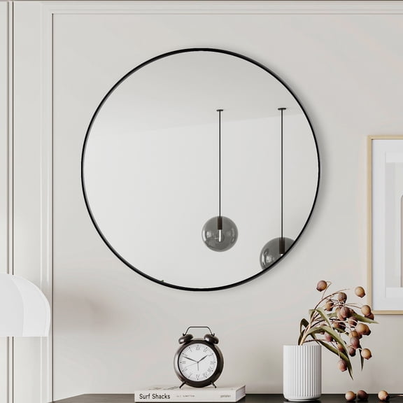 TOPCOMFY Mirrors 28 Inch Black Circular Metal Framed Round Vanity Dressing Mirror for Bathroom Living Room Bedroom Wall Decor