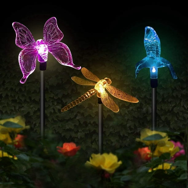 3 Pack Multicolore Changeant LED Lumières de Jardin Solaire en Papillon,  Colibri, Formes de Libellule pour la Décoration de Fête, Pelouse, Cour,  Éclairage de Voie 
