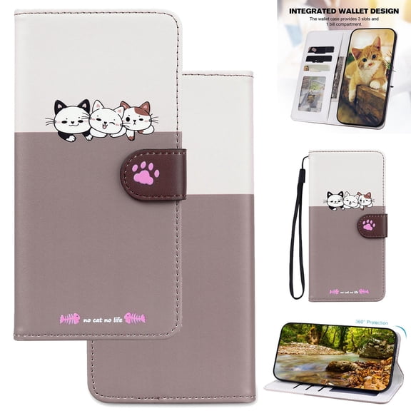 For iPhone 17 Pro Max Cute Animal Pattern Wallet Case,Color Matching Premium PU Leather Shockproof Magnetic Flip Kickstand Credit Card Slots Slim Phone Case with Wrist Strap, Gray