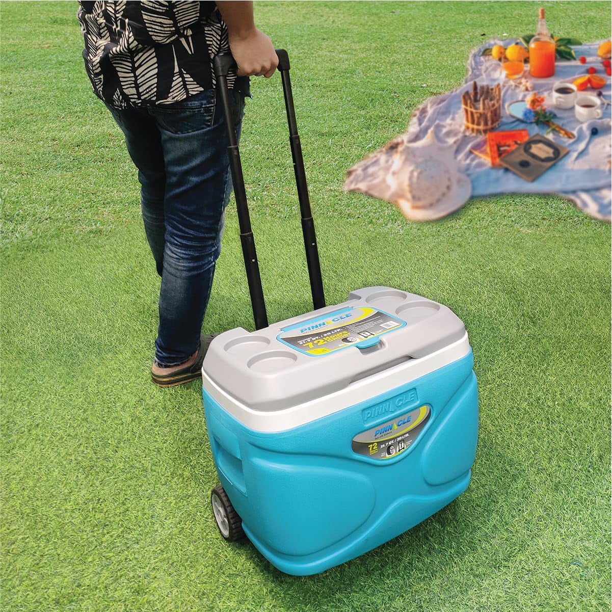 Pinnacle 30L Cooler with Wheels Set, 3 Coolers with Ice Bricks, Cup Holder Lid, Blue