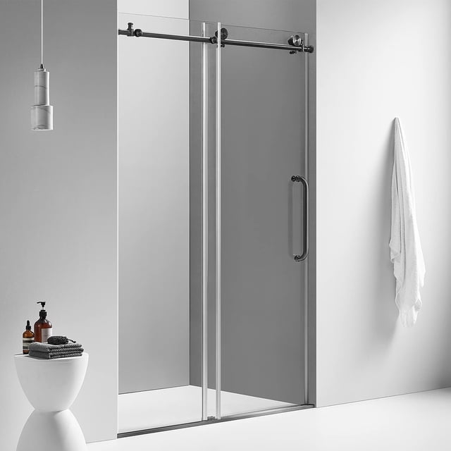 Serene Valley 48 x 76 Inch Big Roller Frameless Sliding Shower Door, Matte Black