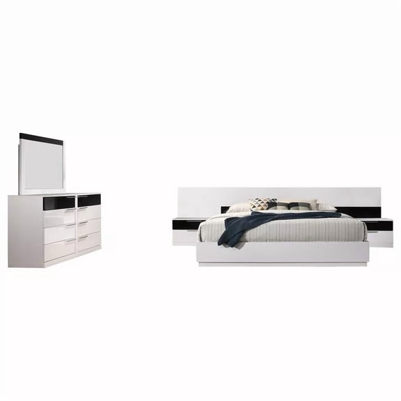 Modern Glam 5 Piece California King Size Bedroom Set, Lacquer Finish Platform Bed Nightstand Dresser and Mirror, White/Black
