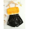 thumbnail image 4 of Arvbitana Toddler Baby Girls Short Pants Outfits Sleeveless Plush Trim Solid Sling Tops + Elastic Waist Leather Shorts with Belt Summer Clothes Set 2Pcs 12M-6T, 4 of 9