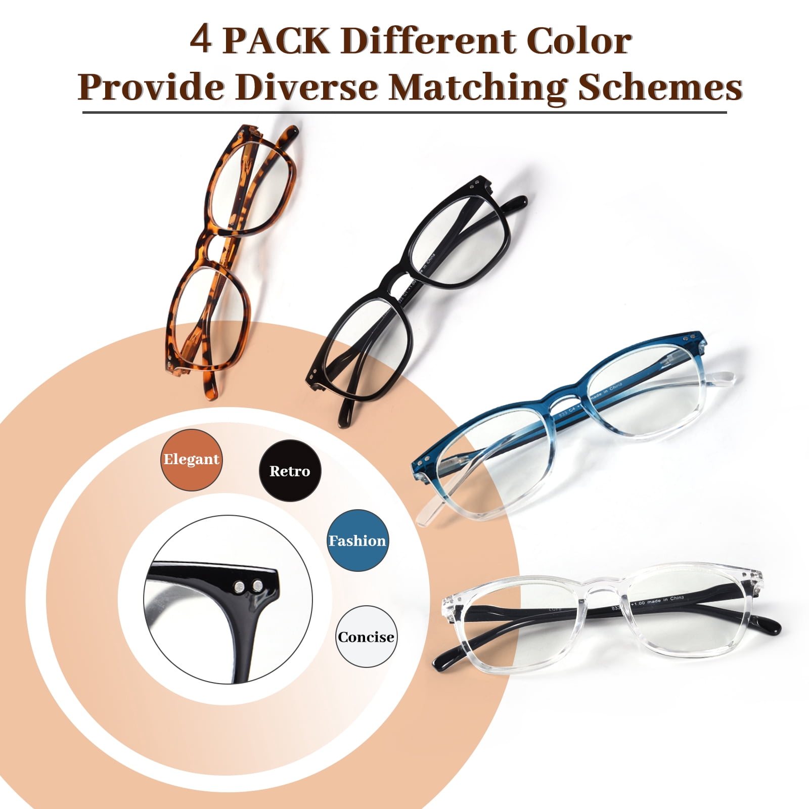 LUFF 4Packs Reading Glasses Fashion Resin Clear Resist Blue Light Computer Eyeglasses Block Round Oversized Optics Presbyopic Durable Spring Hinge Glare Filter,for Women/Men 0.0x