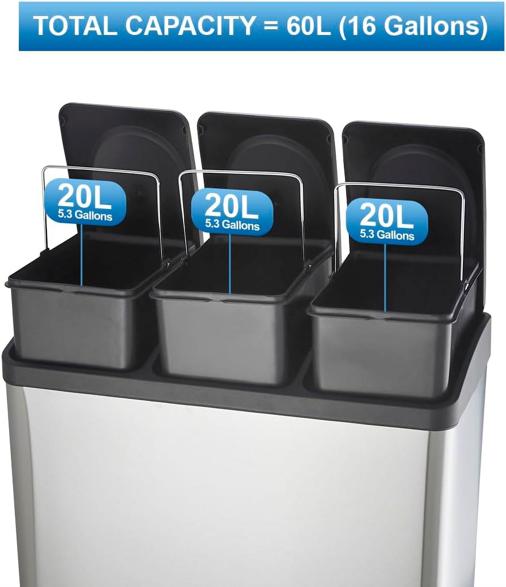 Step N’ Sort 60L 3-Compartment Trash & Recycling Bin – Triple Kitchen Waste System with Step Pedals, Stainless Steel Garbage, Recycling & Compost Sorter with Removable Bins
