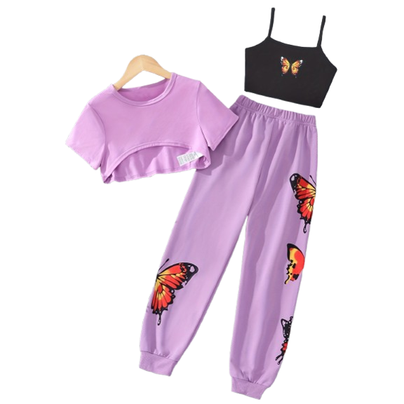 Mikrdoo Kids Girls 3Pcs Hip Hop Modern Jazz Dance Suit Short Sleeve Crop Tops with Butterfly Vest and Pants Set Purple 10