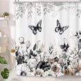 thumbnail image 4 of Boho Black White Floral Shower Curtain, Rustic Dark Flower Butterfly Fabric Farmhosue Shower Curtain, Vintage Botanical Leaf Plant Aesthetic Grey Decoration Shower Curtain 72×72 Inch with 12 Hooks, 4 of 4