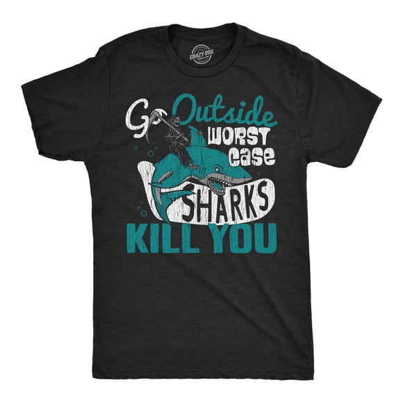 T-shirt pour Hommes « Go Outside Worst Case Sharks Kill You » Drôle Attaque de Shark en Plein Air Blague pour Gars (Heather Black - Sharks) - L